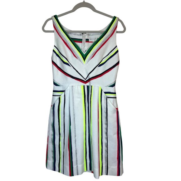 MILLY St. Tropez Allison Dress Sleeveless V-Neck Florescent Stripes Pockets 4 - Picture 1 of 9